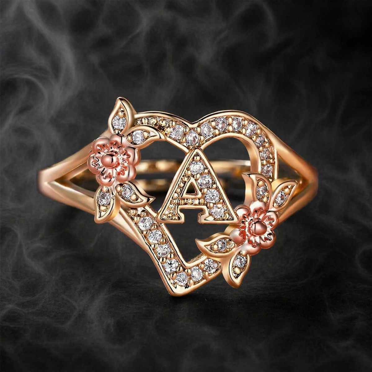 Stainless Steel Ring with Initial and Crystals