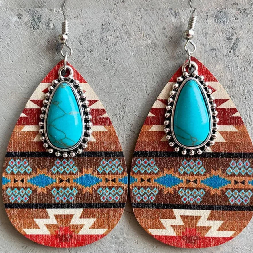 Boho Teardrop Earrings with Turquoise Stone and Ethnic Pattern