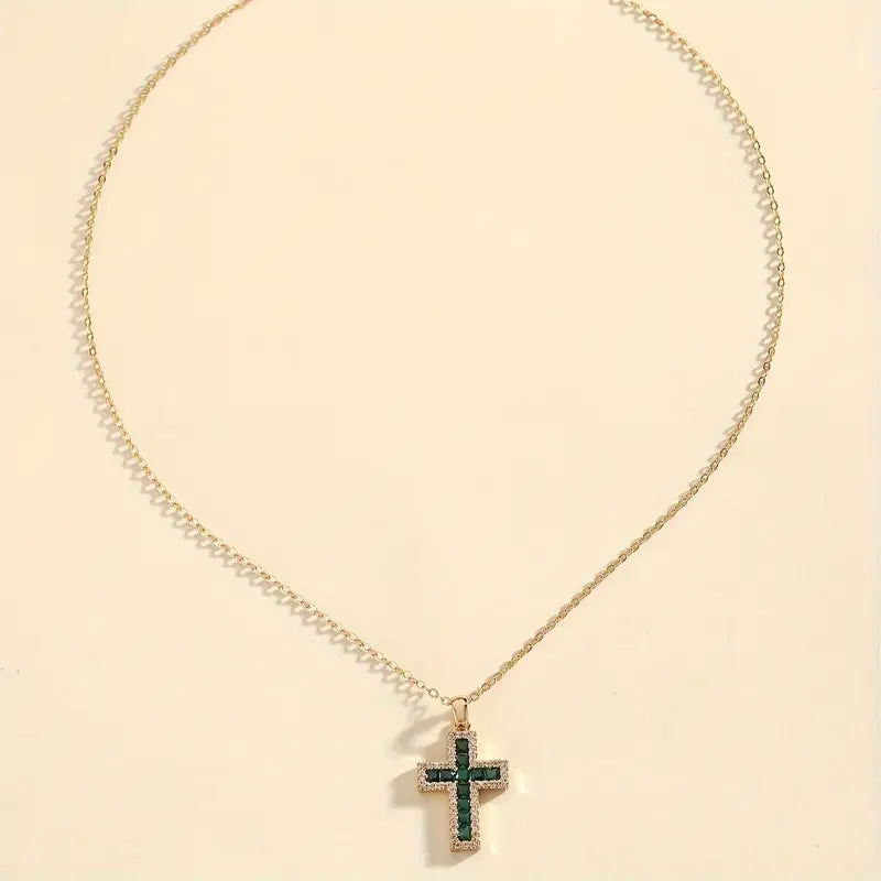 Filigree Cross Necklace with Green Cubic Zirconia and Rhinestone Trim