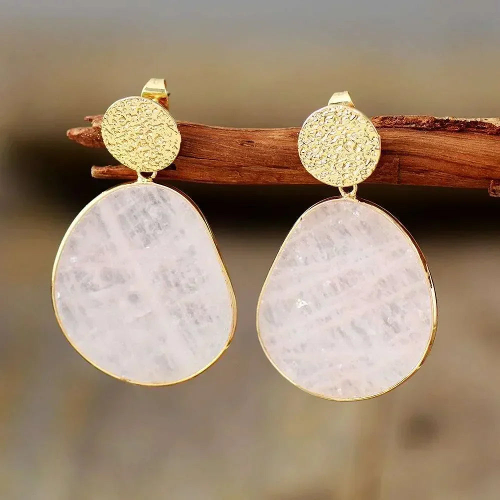Delicate Dangle Earrings with Natural Stone Charm and Hammered Disc