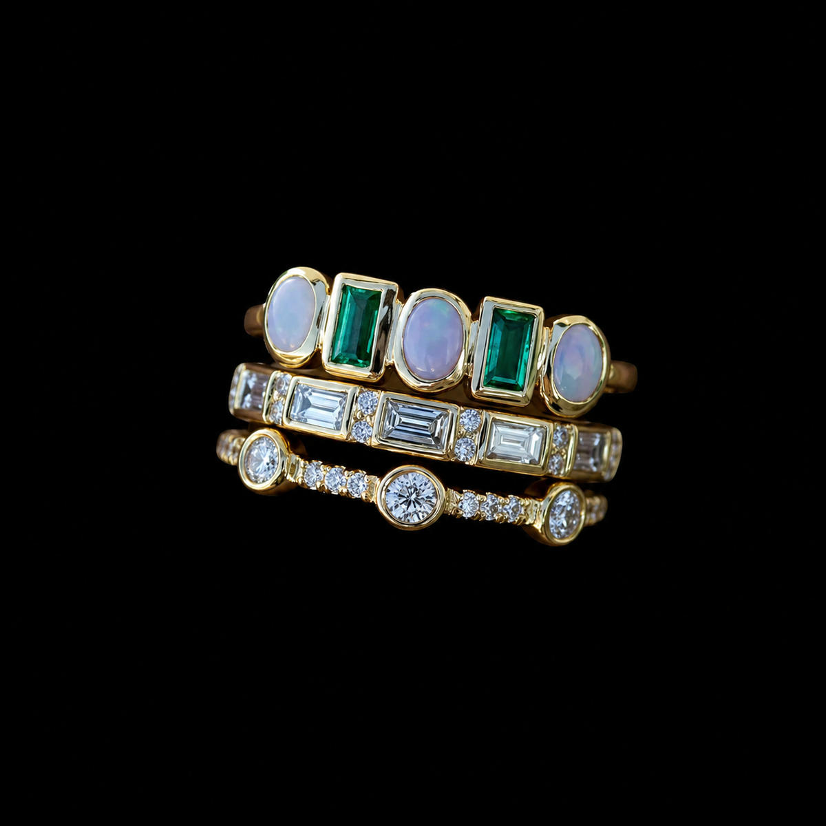 Vintage Ring with White Opals and Emeralds