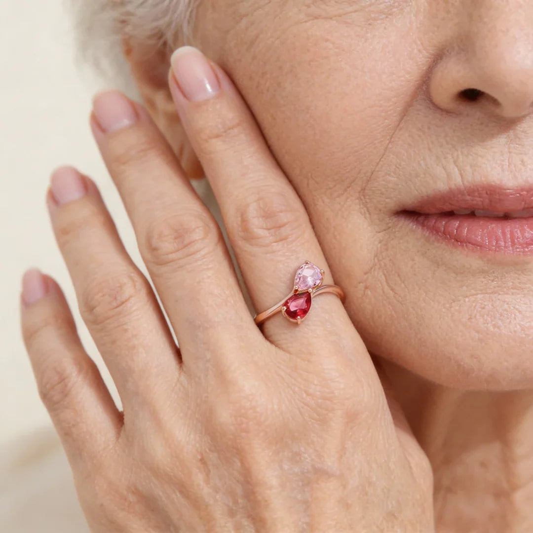Stainless Steel Ring with Double Teardrop Stones