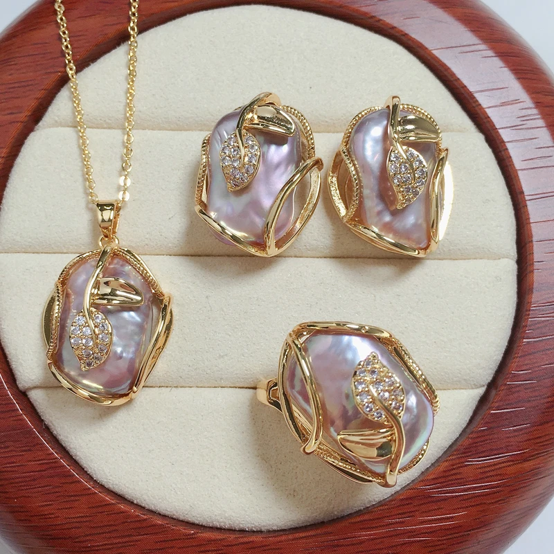 Freshwater Pearl Jewelry Set with Leaves and Cubic Zirconia