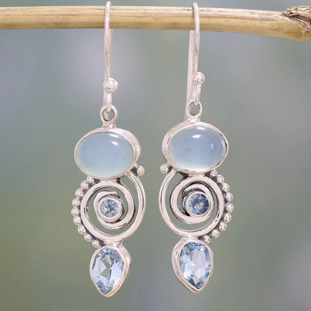 Vintage-inspired earrings with sky-blue chalcedony and topaz