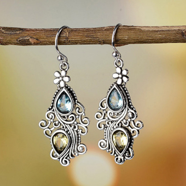 Antique Flower and Gemstone Dangle Earrings