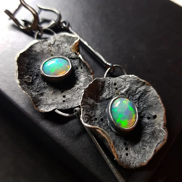 Boho Blackened Metal Opal Earrings with Fascinating Green