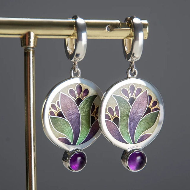 Boho-Chic Enamel Earrings with Amethyst Stones