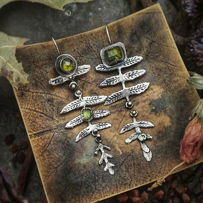 Boho Vintage Leaf Earrings with Antique-Look Peridot Gemstones
