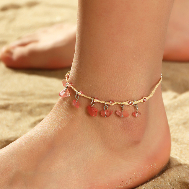 Boho anklet with pink stones and delicate beach-themed charms
