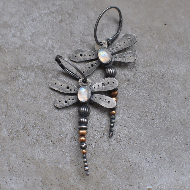 Blackened metal dragonfly earrings with moonstone and copper detailing