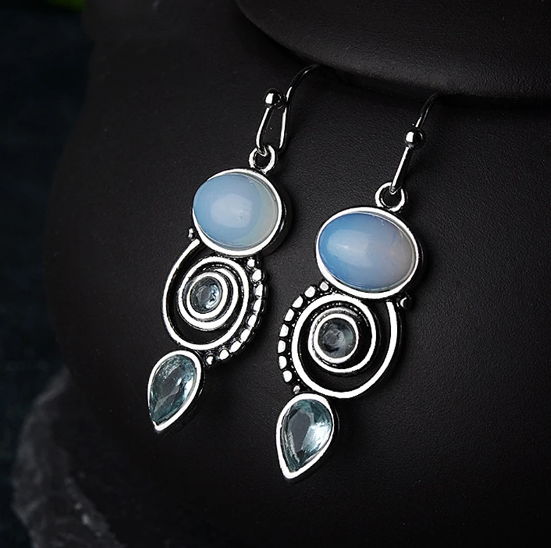 Boho Vintage Earrings with Opal Stone Drops and Blue Cubic Zirconia