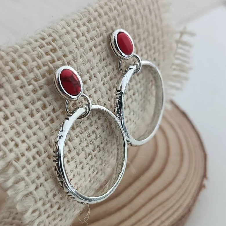 Boho Earrings with Red Turquoise Stones and Hammered Design