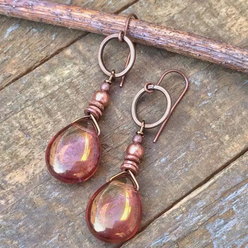 Copper-Tone Earrings with Sparkling Vintage Crystal Drops