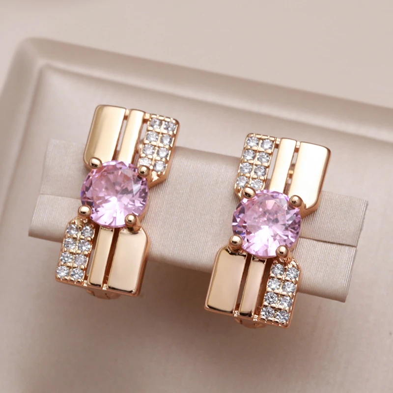 Elegant earrings with pink cubic zirconia and brilliant-cut diamonds