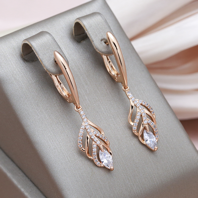 Brilliant Rose Gold Leaf Earrings with Sparkling Cubic Zirconia