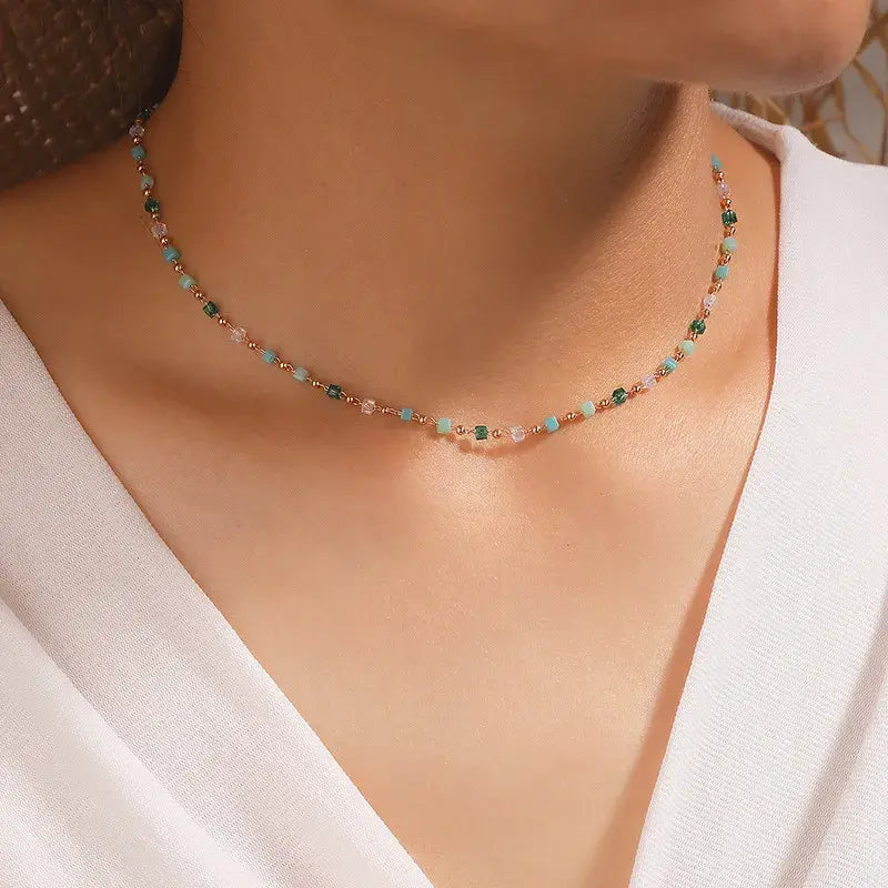 Delicate Necklace with Colorful Beads and Faceted Stones