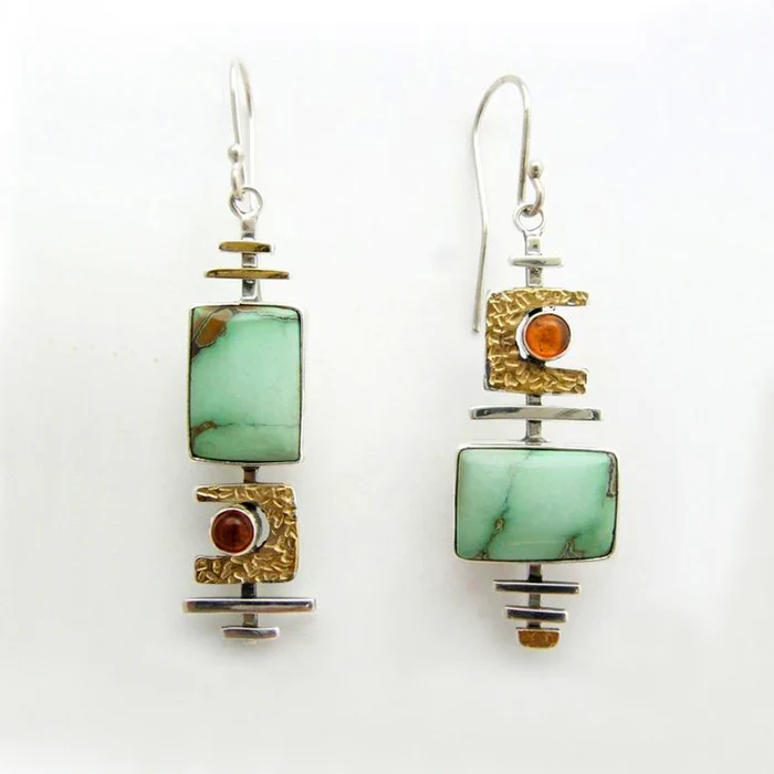 Green Turquoise Stone Dangle Earrings with Textured Metallic Details
