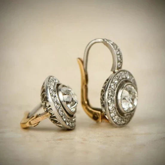 Antique White Gold Earrings with Diamonds and Sparkling Crystal