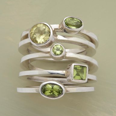 Vintage Layered Silver Ring with Green Crystal Stone