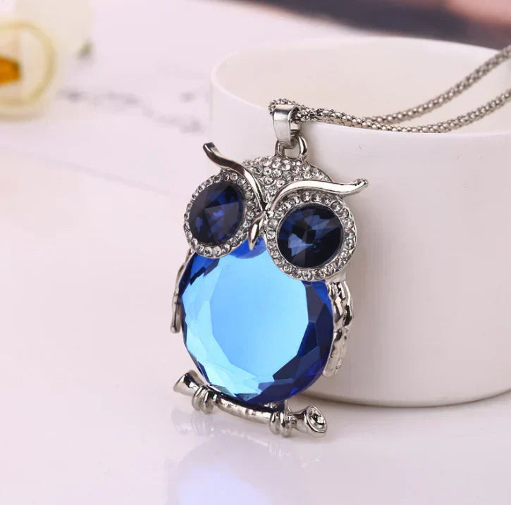 Sparkling Owl Necklace with Brilliant Blue Crystal Stones and Chain