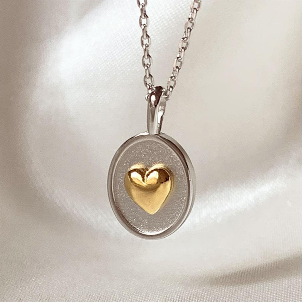 Vintage Two-Tone Heart Pendant Necklace with Oval Frame
