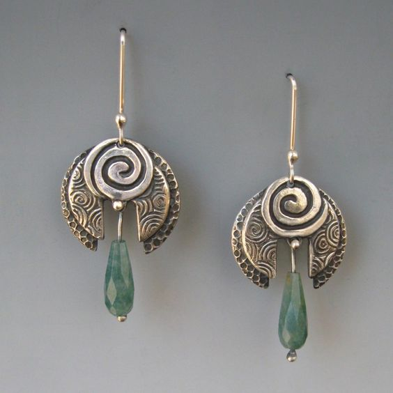 Antique Green Gemstone Earrings with Spiral Design