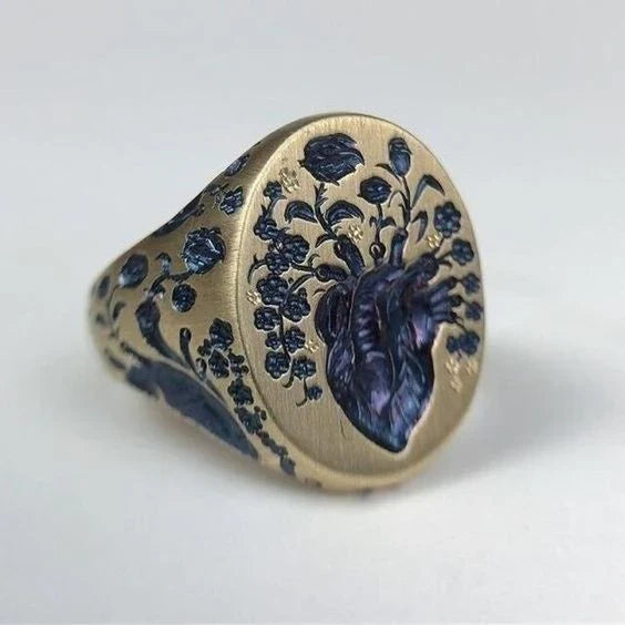 Gold Vintage Signet Ring with Blue Flowers