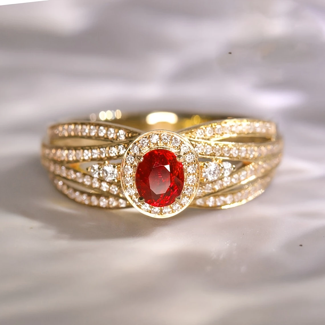 Layered Gold Ring with Red Sparkle