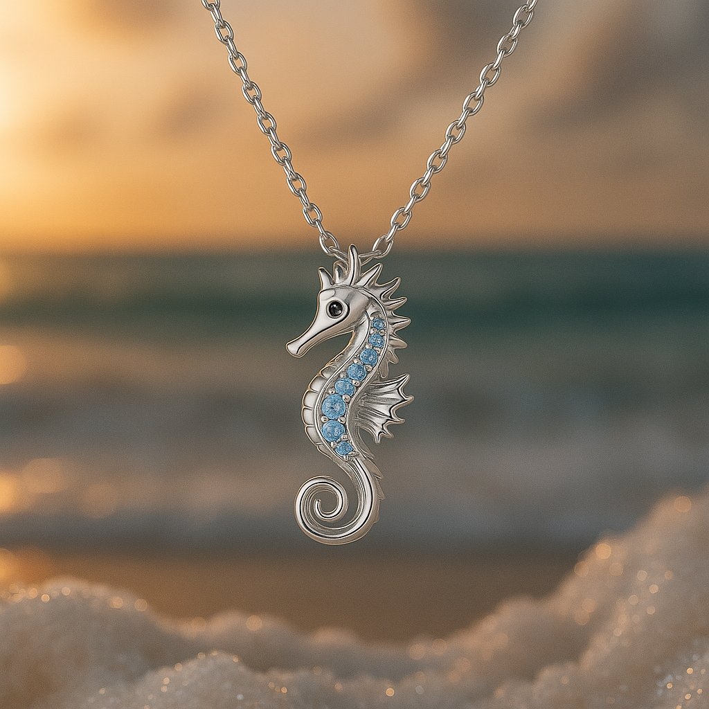 Ocean Seahorse Necklace with Sparkling Blue Stones