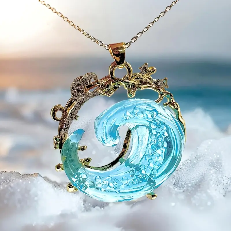 Ocean Blue Wave Necklace with Delicate Tendril Design