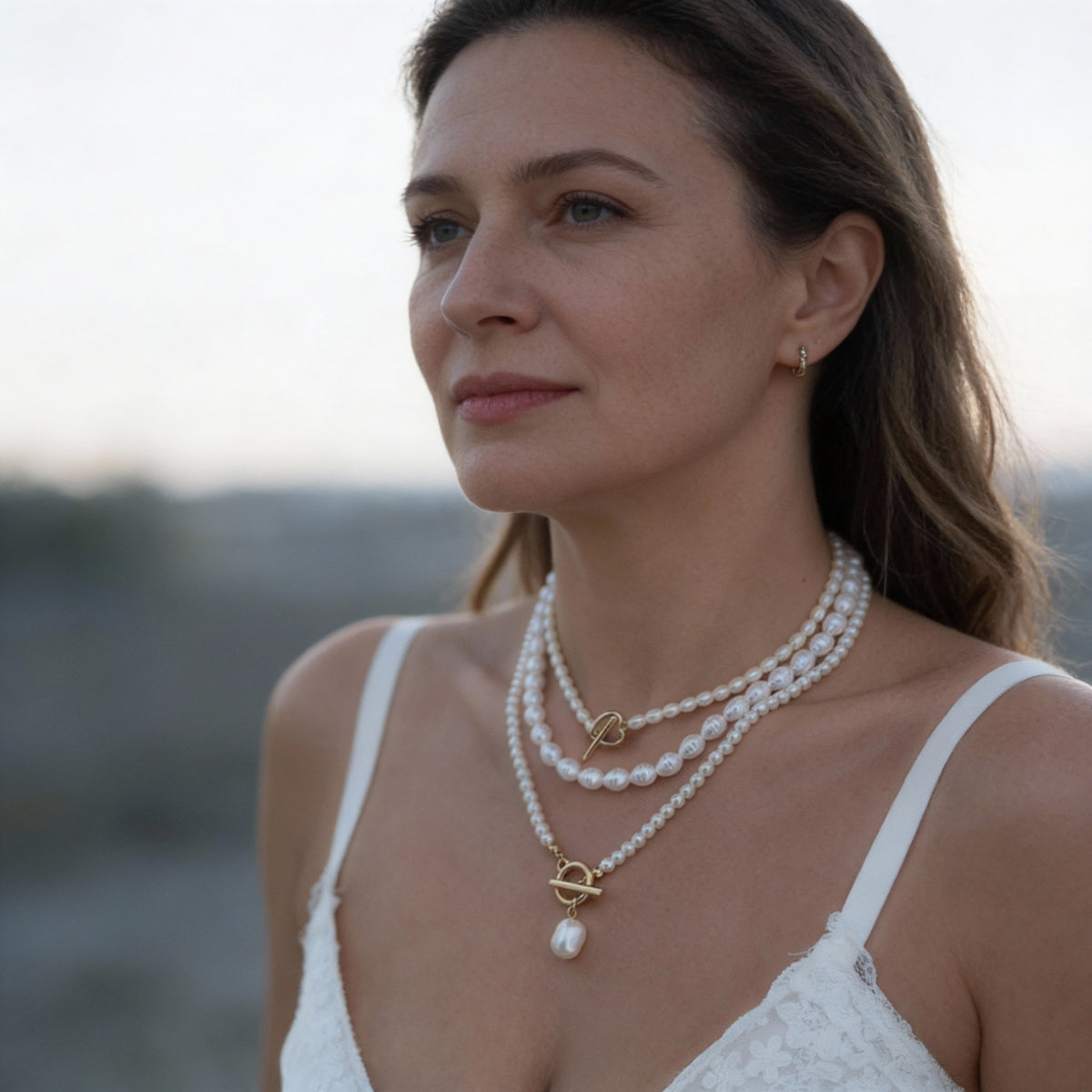Triple Strand Freshwater Pearl Necklace with Elegant Lever-Back Clasps