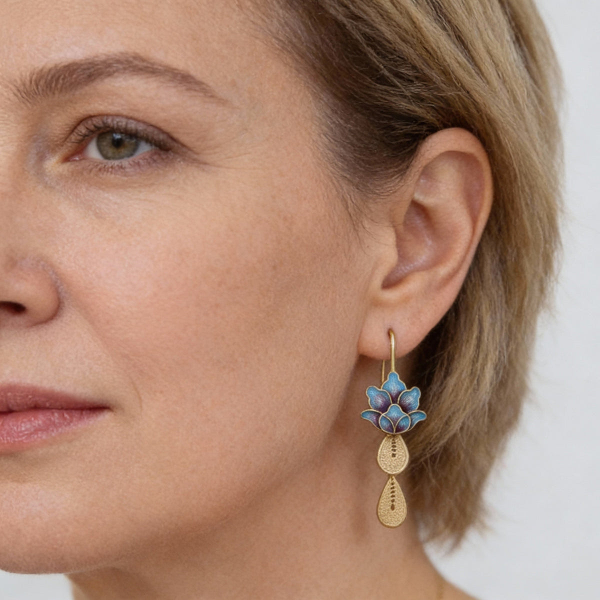 Boho Lotus Flower Earrings with Blue Enamel Details