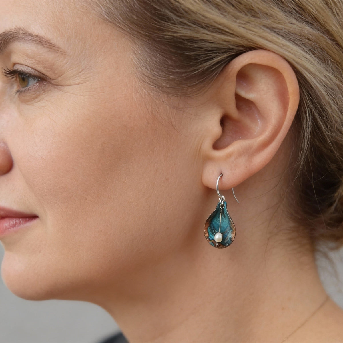 Copper Patina Dangle Earrings with Freshwater Pearls