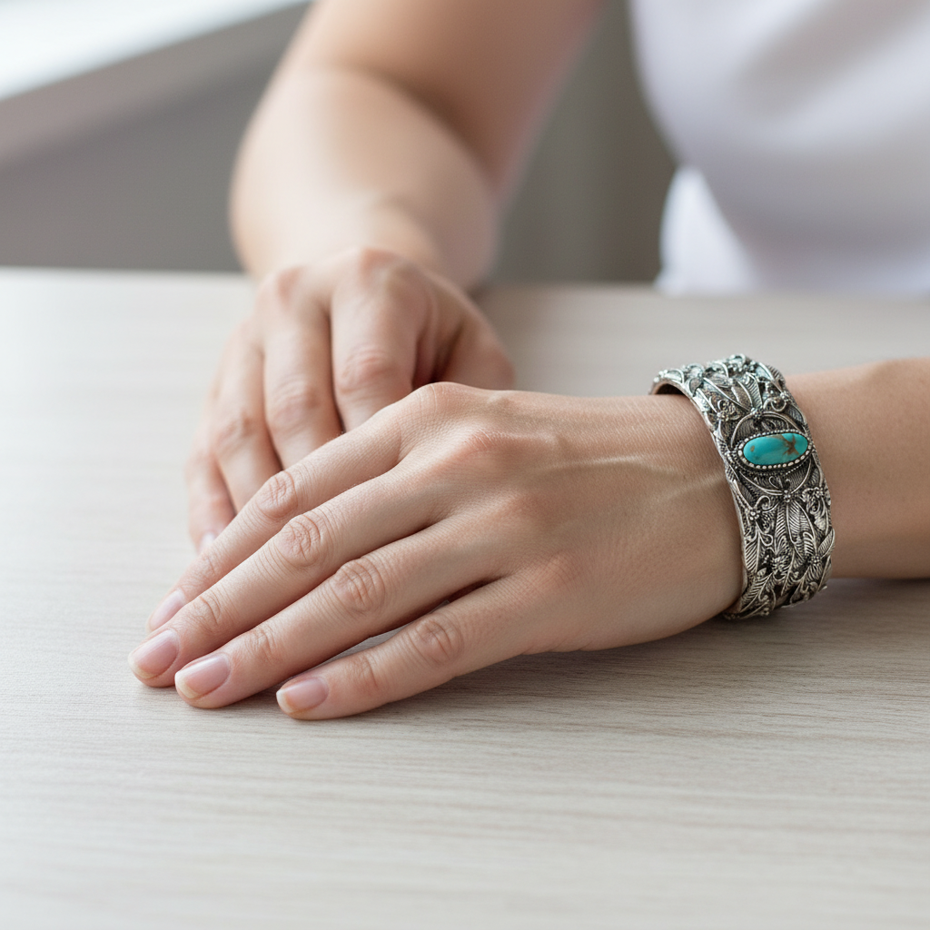 Vintage turquoise bracelet with detailed foliage engraving and an open design