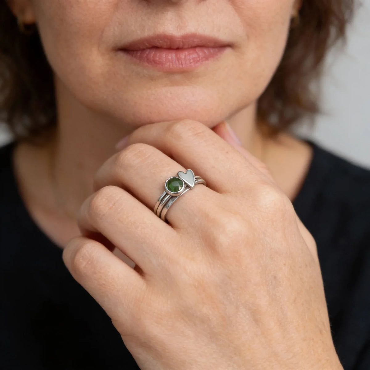 Heart Ring with Green Stone – Silver Colored