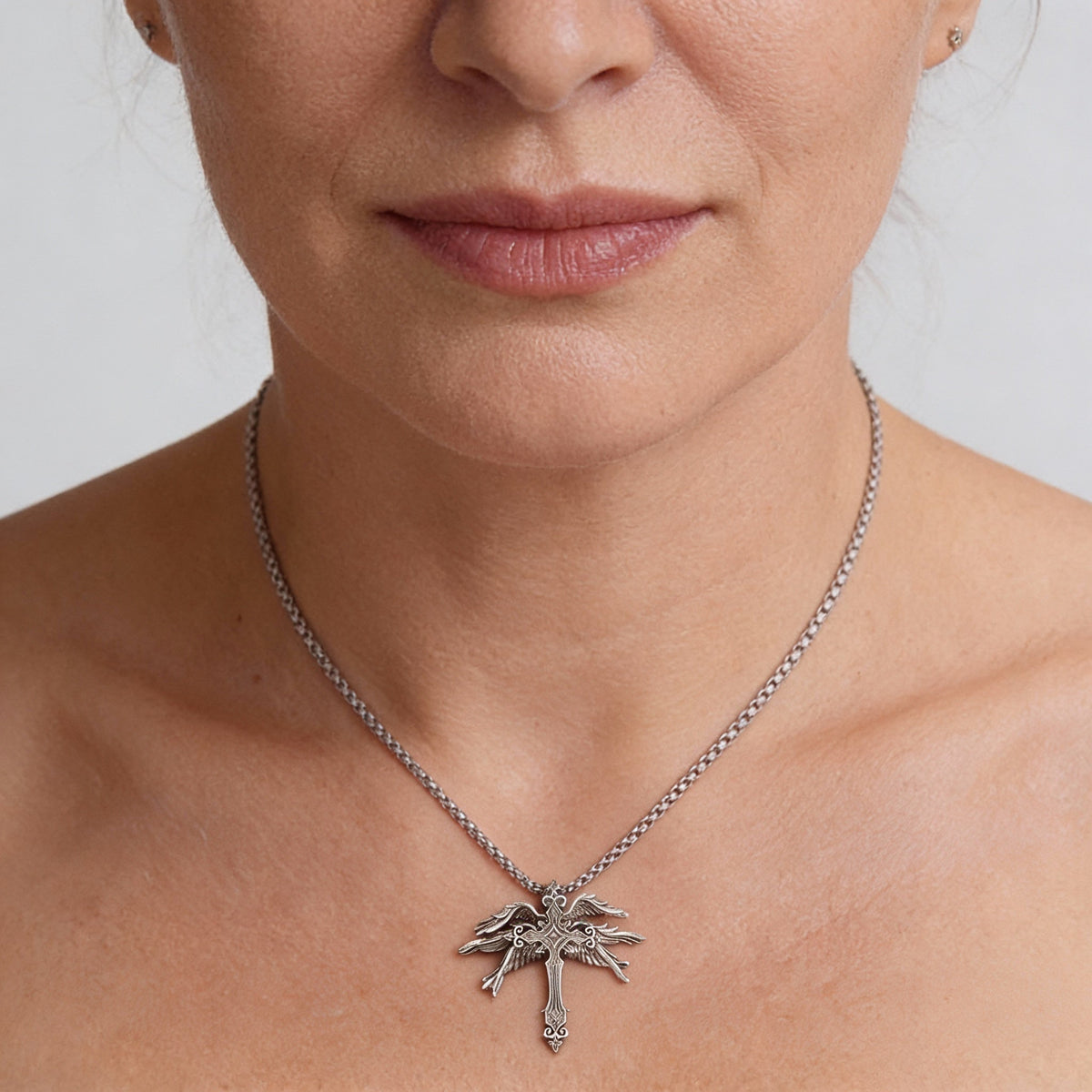 Angel Wing Cross Necklace with Filigree Detailing