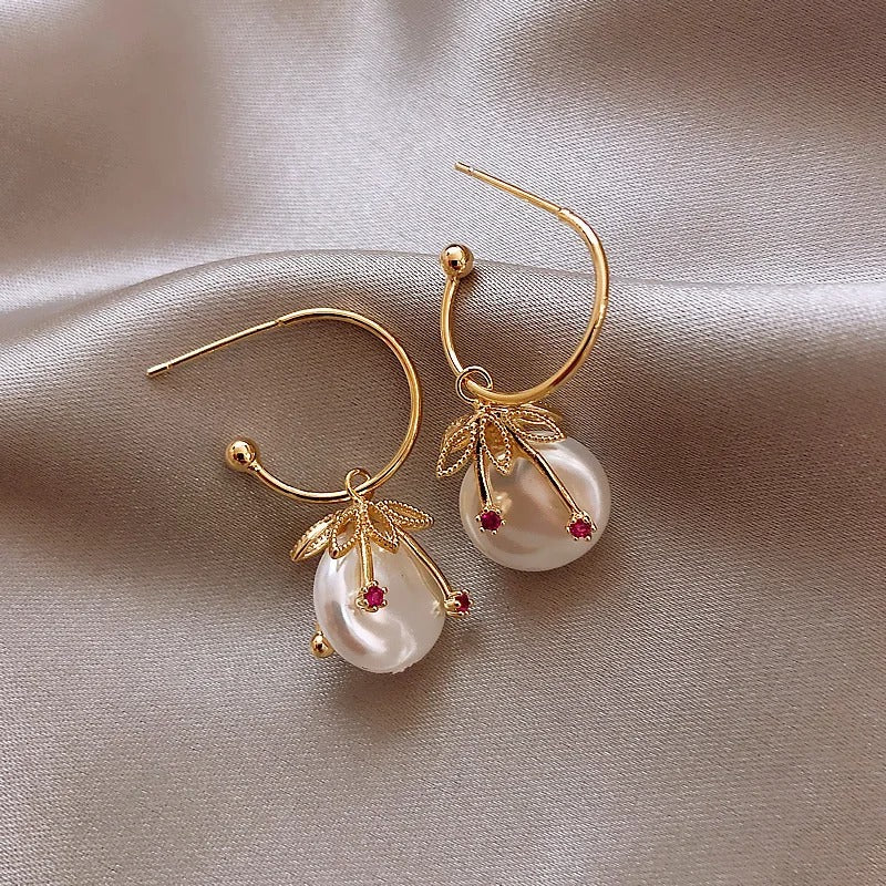 Elegant Pearl Earrings with Delicate Leaves and Red Details
