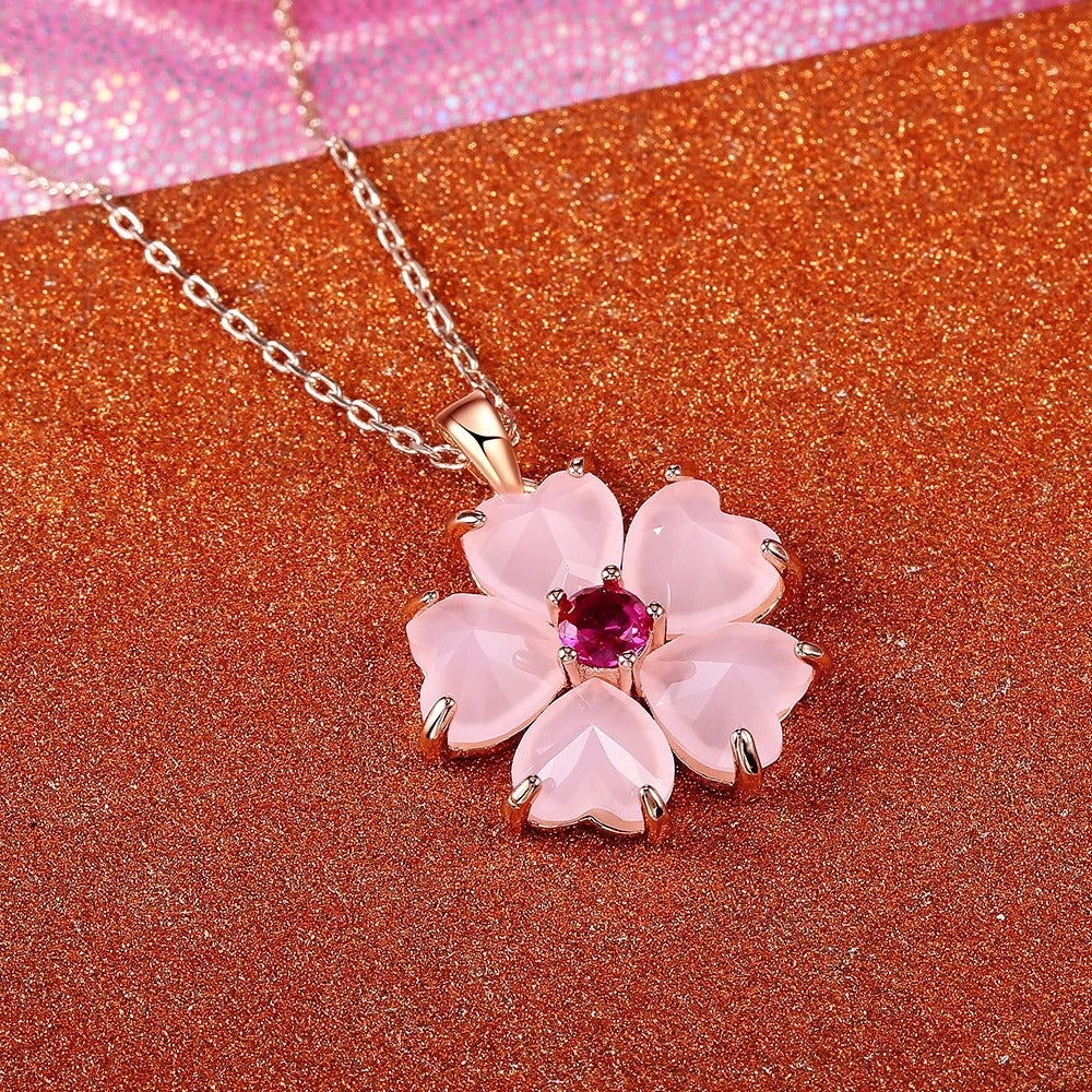 Heart-Shaped Rose Quartz Flower Pendant on an Elegant Women's Necklace