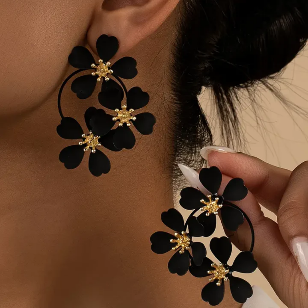 Elegant Black Flower Earrings with Delicate Floral Design