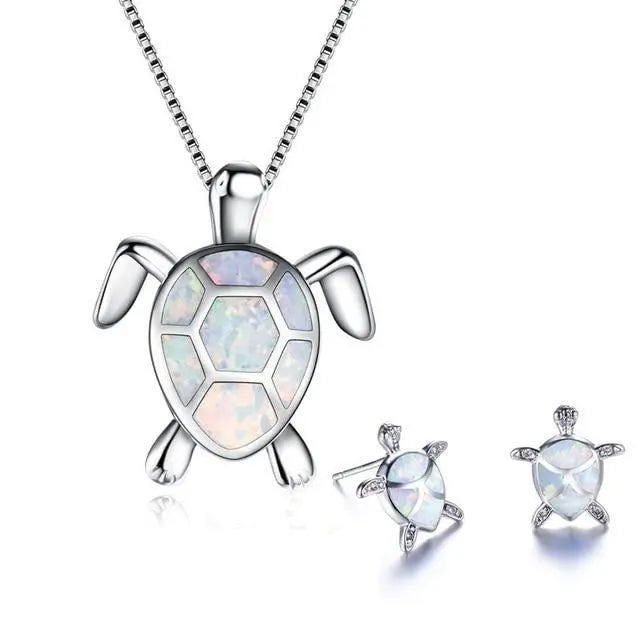 Opal Turtle Jewelry Set with Sea-Style Necklace and Earrings