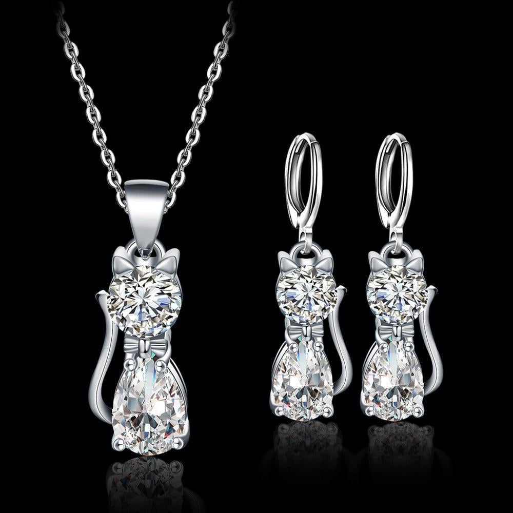 Sparkling Cat Jewelry Set with Necklace and Cubic Zirconia Earrings