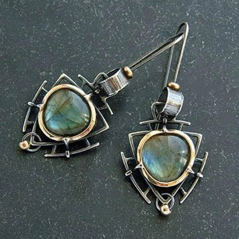 Vintage earrings with labradorite and an antique-finish metal