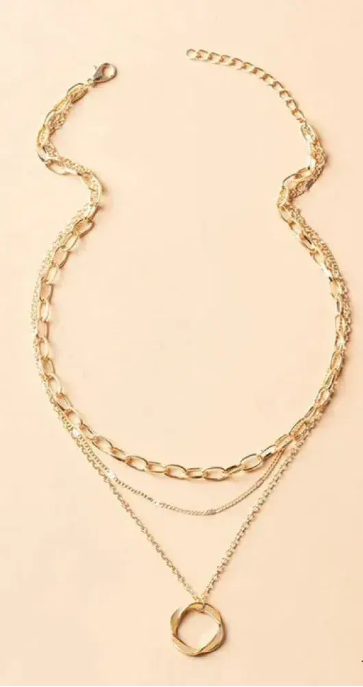 Multi-Layer Statement Necklace with Filigree Ring and Link Chain Pendants