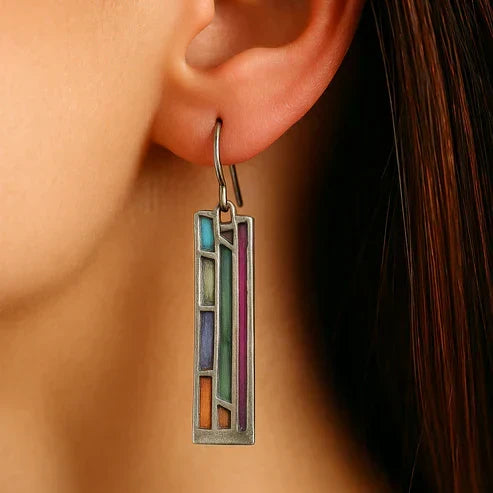 Colourful enamel mosaic earrings in a boho style