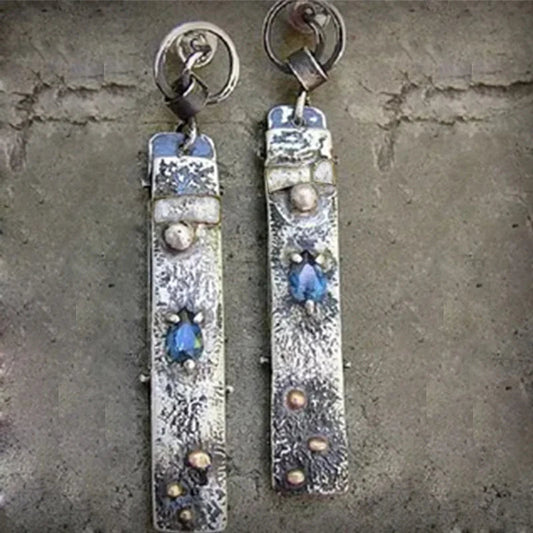 Handmade rustic long earrings with blue stones