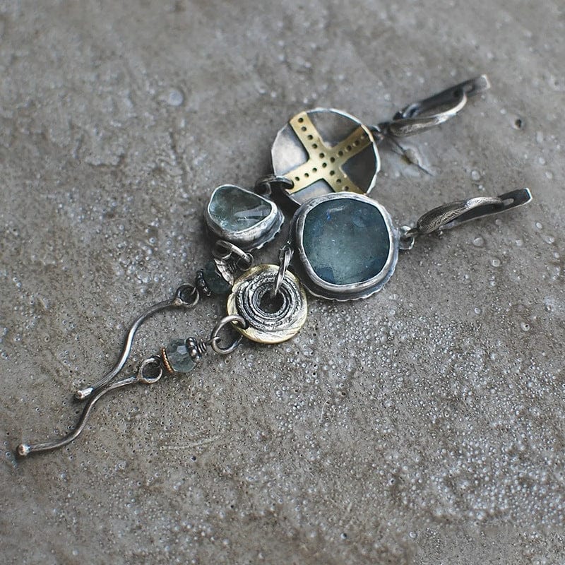 Asymmetrical Earrings with Blue Stones and Cross Elements