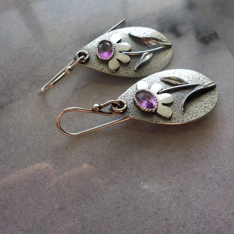 Antique Flower Earrings with Amethyst Stones and Leaf Design