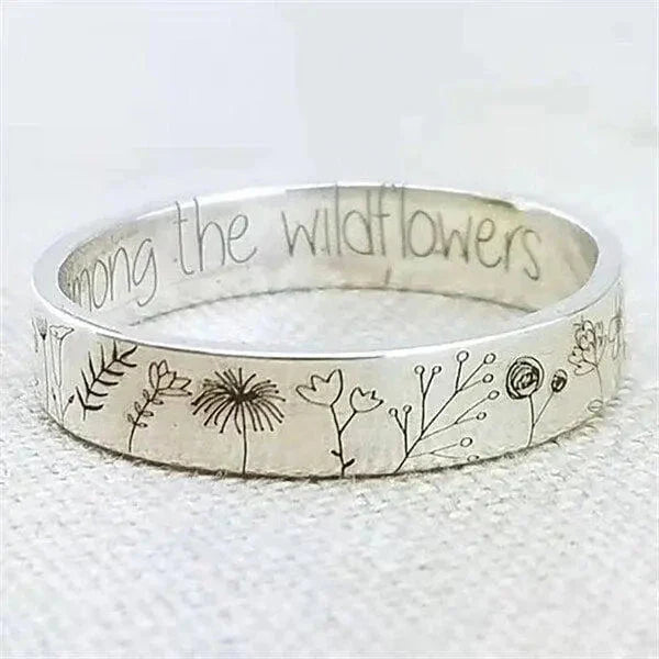Stainless Steel Ring with Floral Engraving and Inspirational Message