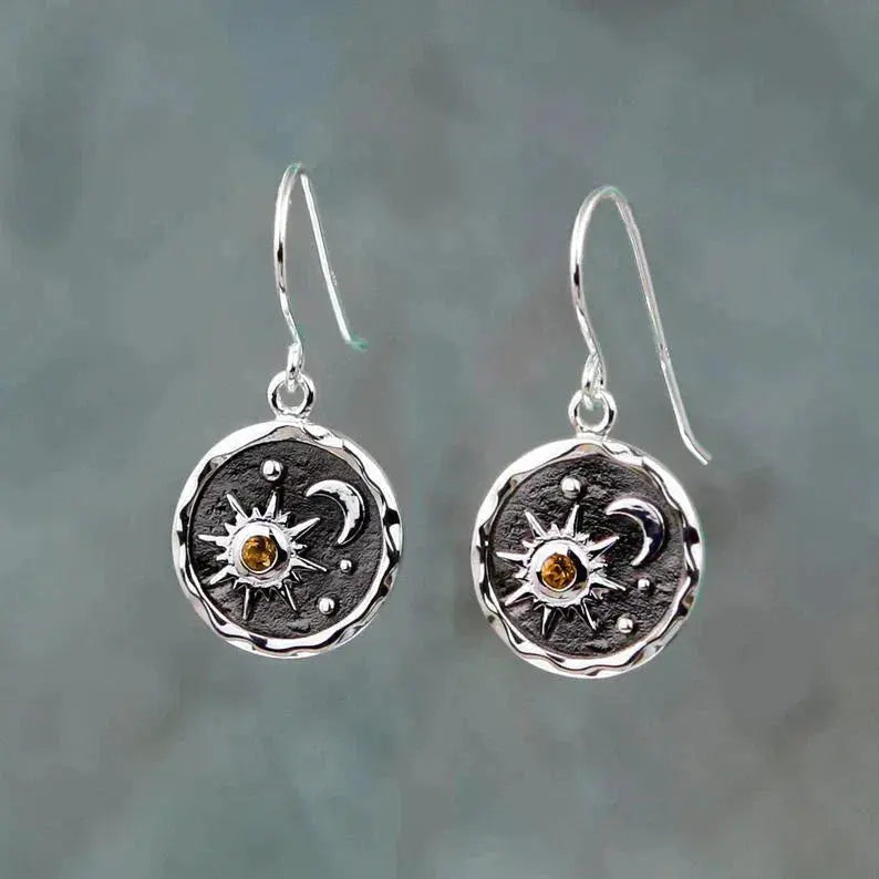 Celestial Sun and Moon Earrings with Citrine Stone