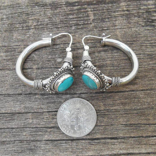 Vintage turquoise hoop earrings in an ethnic boho style
